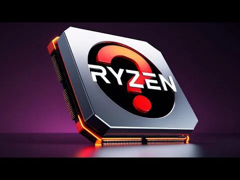 Progressive Robot-themed close-up of an AMD Ryzen processor chip with glowing orange edges on a dark background.