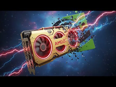 Progressive Robot graphic of an AMD Radeon graphics card bursting through a green screen with sparks and lightning.