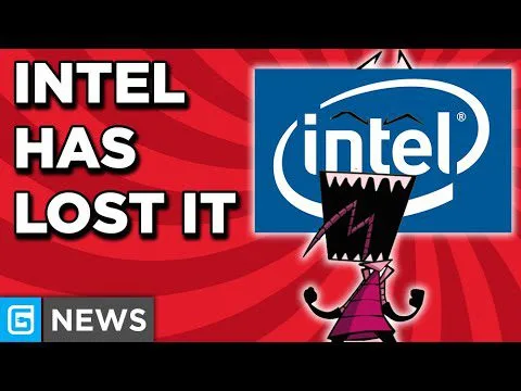 Progressive Robot cartoon figure shouting in front of an Intel logo, with bold text reading "INTEL HAS LOST IT" and "G NEWS".