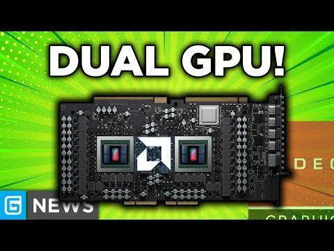 Progressive Robot graphic showing a dual-GPU computer chip with the text DUAL GPU! on a green background