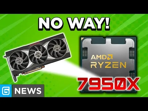 Progressive Robot graphic with NO WAY! text, a triple-fan graphics card, and AMD Ryzen 7950X processor on green background