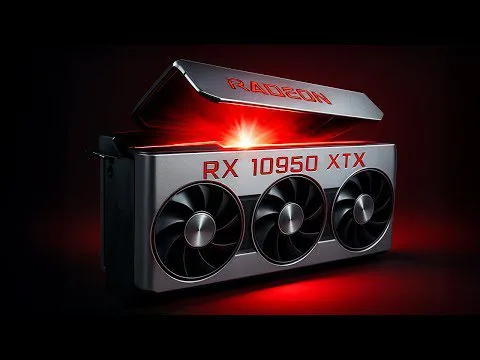 Progressive Robot illustration of an AMD Radeon RX 10950 XTX graphics card with three cooling fans and red lighting.