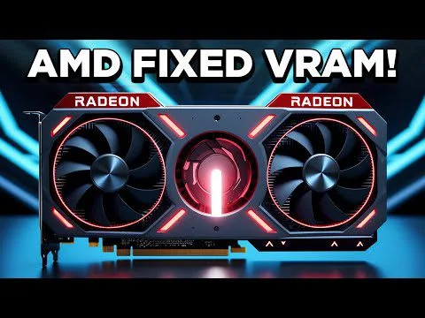 Progressive Robot graphic of an AMD Radeon GPU with two fans and the text AMD FIXED VRAM!