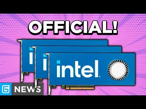 Progressive Robot graphic with three Intel GPU cards on a pink background and the headline text OFFICIAL!