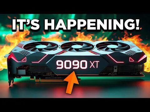 Progressive Robot graphic of a triple-fan GPU labeled 9090 XT with flames behind it and text It’s happening!