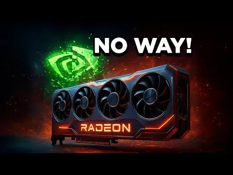 Progressive Robot graphic of a Radeon GPU with three fans, glowing accents, and the text NO WAY! above.