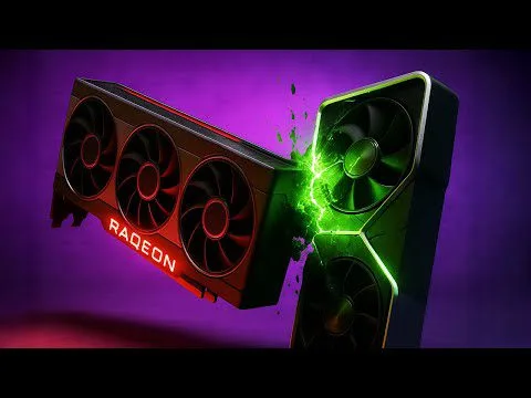 Progressive Robot graphic of two GPUs colliding with green sparks on a purple background, one labeled RADEON.