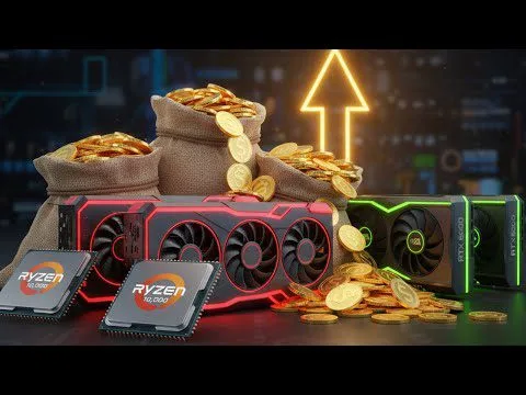 Progressive Robot with Ryzen chips, two GPUs, and sacks of gold coins under an upward arrow on a tech-themed background.