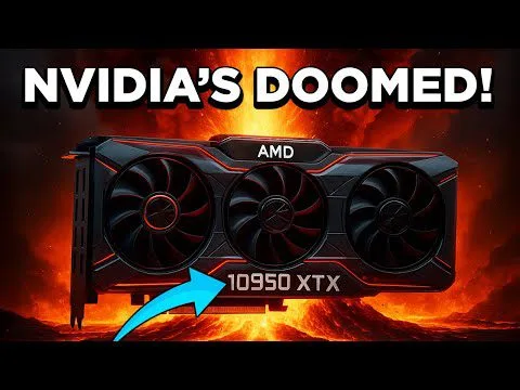 Progressive Robot thumbnail showing an AMD graphics card labeled 10950 XTX with text NVIDIA'S DOOMED! over flames.