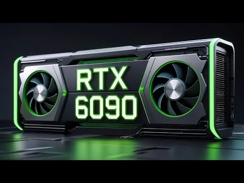 Progressive Robot-style futuristic graphics card with dual fans and glowing RTX 6090 text on a dark surface