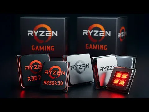 Progressive Robot display of AMD Ryzen Gaming processors and boxes, including Ryzen X3D chips and a glowing red chip.