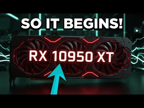 Progressive Robot graphic showing a triple-fan GPU labeled RX 10950 XT with text “SO IT BEGINS!” and an arrow pointing to it.