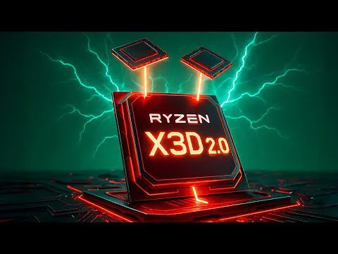Progressive Robot concept art of a glowing Ryzen X3D 2.0 microchip with floating components and electric sparks.