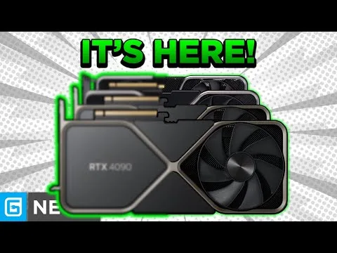 Progressive Robot graphic showing stacked RTX 4090-style graphics cards with the headline “IT’S HERE!” in green.