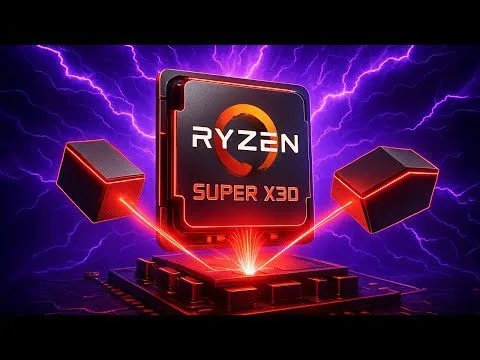 Progressive Robot graphic of a Ryzen Super X30 chip glowing with red energy, flanked by two floating blocks on a circuit board.