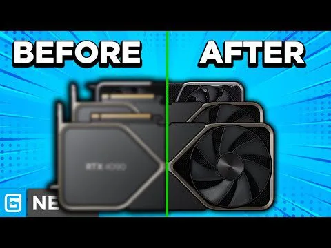 Split graphic labeled “BEFORE” and “AFTER” showing blurry vs sharp NVIDIA RTX 4090 graphics cards on a blue background
