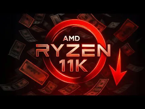Progressive Robot graphic showing AMD Ryzen 11K logo surrounded by falling money and a red downward arrow