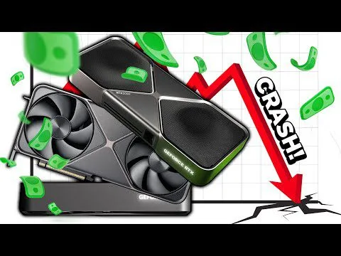 Progressive Robot graphic of a GPU and a GeForce RTX card with flying money and a red arrow labeled CRASH! pointing down