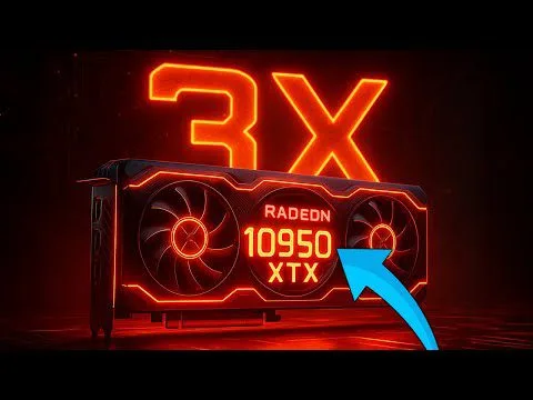 Progressive Robot graphic card illustration showing Radeon 10950 XTX with glowing red 3X and a blue arrow pointing at it