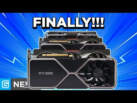 Progressive Robot graphic of stacked RTX 9080-style GPUs with bold text Finally!!! on a blue burst background