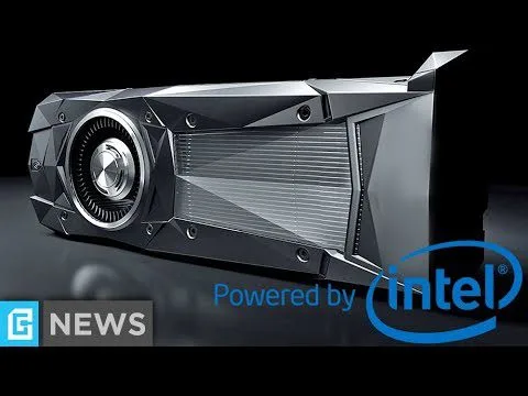 Progressive Robot graphic card illustration with cooling fan and metallic casing, plus “Powered by Intel” and “G NEWS” text.