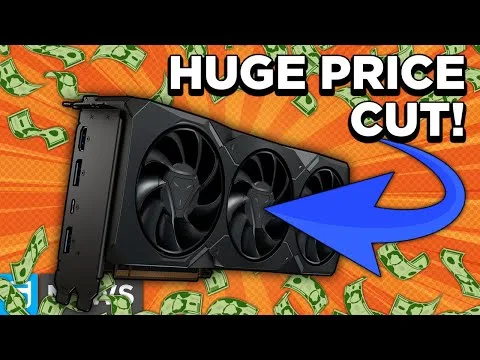 Progressive Robot thumbnail showing a graphics card with three fans, blue arrow, floating money, and text Huge price cut!