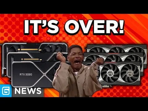 Progressive Robot thumbnail with “IT’S OVER!” text, a cheering man, and images of RTX 3090-style graphics cards labeled NEWS.