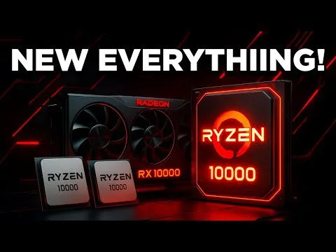 Progressive Robot graphic showing Ryzen 10000 CPUs and Radeon RX 10000 GPU with text NEW EVERYTHING!