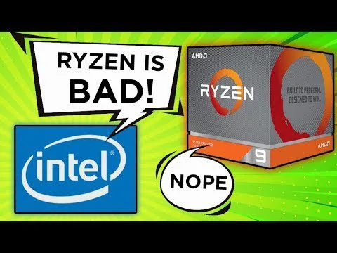 Progressive Robot meme showing Intel logo, AMD Ryzen box, and speech bubbles saying Ryzen is BAD!, NOPE, and Built to perform. Designed to win.