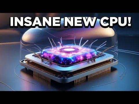 Progressive Robot futuristic glowing CPU chip under glass dome with sparks, with text INSANE NEW CPU!