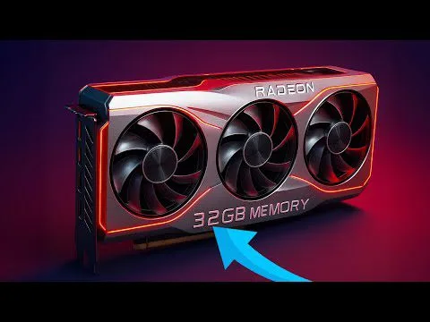 Progressive Robot graphic of a Radeon GPU with three fans, glowing red trim, and text reading 32GB MEMORY with arrow.