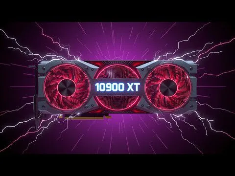 Progressive Robot-themed 10900 XT graphics card with three red fans on a purple background with lightning bolts