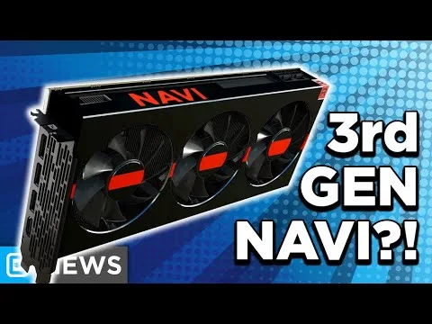 Progressive Robot graphic showing a triple-fan GPU labeled NAVI with text 3rd GEN NAVI?! and NEWS on a blue background