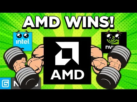 Progressive Robot graphic with text “AMD WINS!” above AMD logo, flexing arms holding dumbbells between Intel and Nvidia icons.