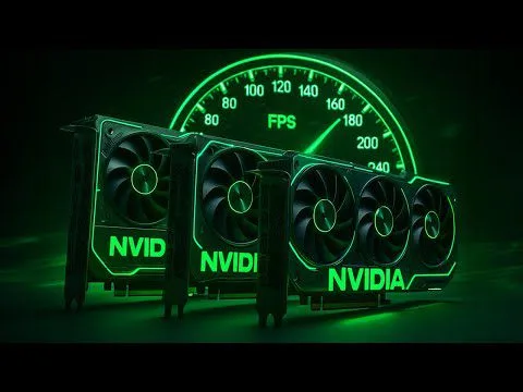 Progressive Robot graphic of NVIDIA-style GPUs in front of a glowing FPS speedometer gauge showing 60–240.