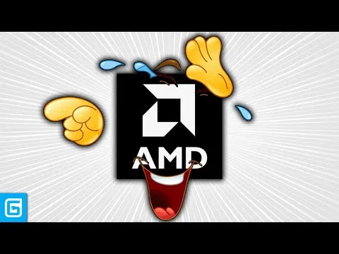Cartoon face with arms raised and sweat drops, overlaid by an AMD logo; Progressive Robot graphic style.