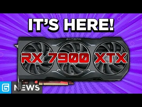 Graphic of an AMD Radeon RX 7900 XTX triple-fan graphics card with text “IT’S HERE!” and “RX 7900 XTX” on purple background.