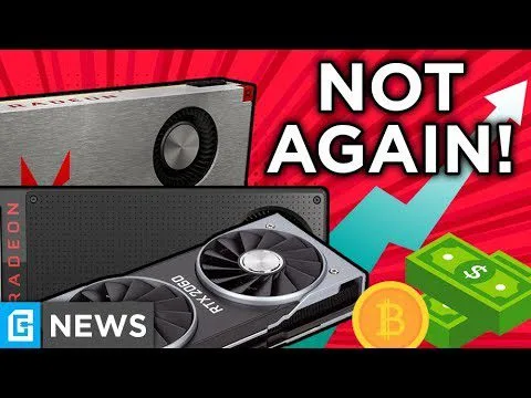 Progressive Robot graphic of a Radeon GPU and RTX 4080 card with text NOT AGAIN! and icons for Bitcoin and cash.