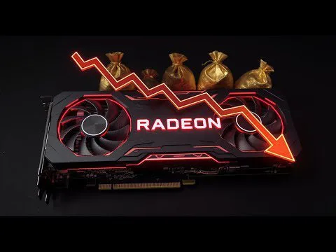 Progressive Robot graphic of a Radeon GPU with a red downward trend arrow and money bags above it