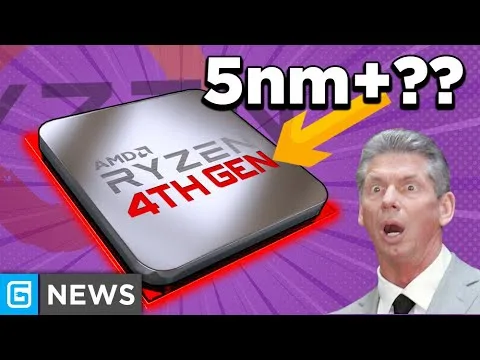 Progressive Robot graphic showing an AMD Ryzen 4th Gen chip, “5nm+??” text, and a surprised man on a purple background.