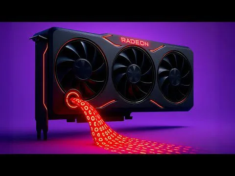 Progressive Robot-themed Radeon graphics card with three fans, glowing red accents, and a stream of red binary code.