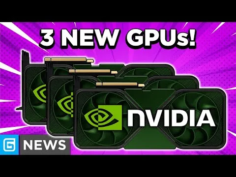 Progressive Robot graphic showing three NVIDIA GPUs on a purple background with text “3 NEW GPUs!” and “NEWS” icon.