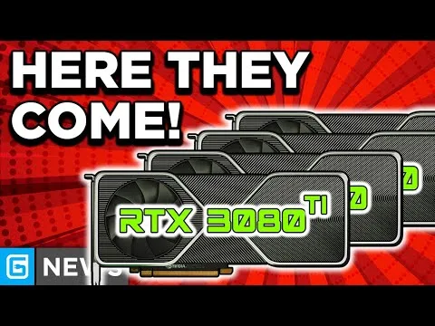 Progressive Robot graphic with stacked RTX 3080 Ti cards and the headline “HERE THEY COME!” on a red burst background.