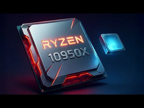Progressive Robot futuristic CPU chip labeled RYZEN 10950X glowing with red accents beside a smaller blue chip.