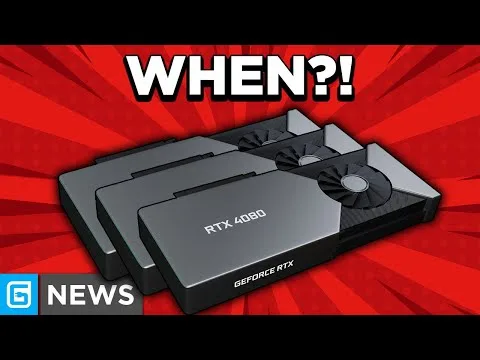 Progressive Robot graphic of three NVIDIA GeForce RTX 4080 GPUs on a red burst background with the text WHEN?! and NEWS.