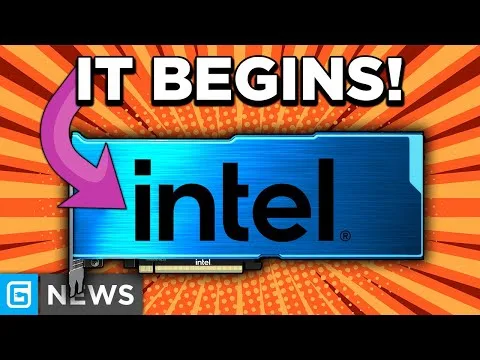 Graphic with “IT BEGINS!” above an Intel logo on an orange burst background with arrow, Progressive Robot, and “NEWS” icon