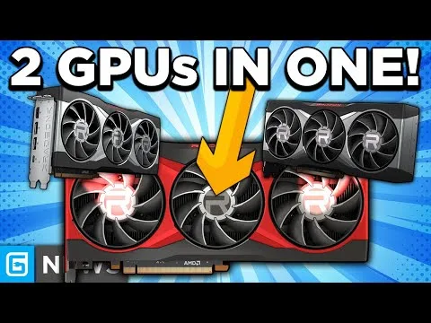 Progressive Robot graphic showing a large dual-GPU-style graphics card with “2 GPUs IN ONE!” text and a yellow arrow pointing to the center fan