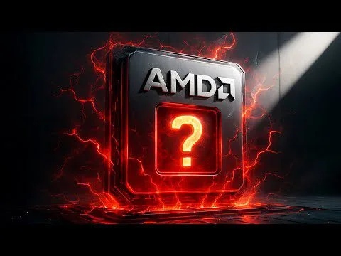 Progressive Robot beside an AMD chip icon with a glowing question mark, surrounded by red lightning effects.