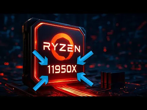 Progressive Robot graphic of an AMD Ryzen 1950X processor chip icon glowing red with blue arrows pointing inward.