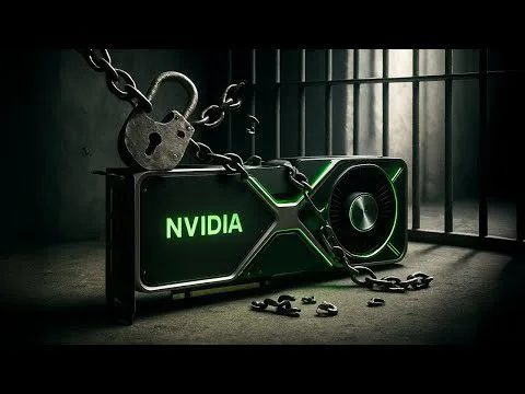 NVIDIA graphics card chained and padlocked on a floor in front of prison bars, Progressive Robot concept.